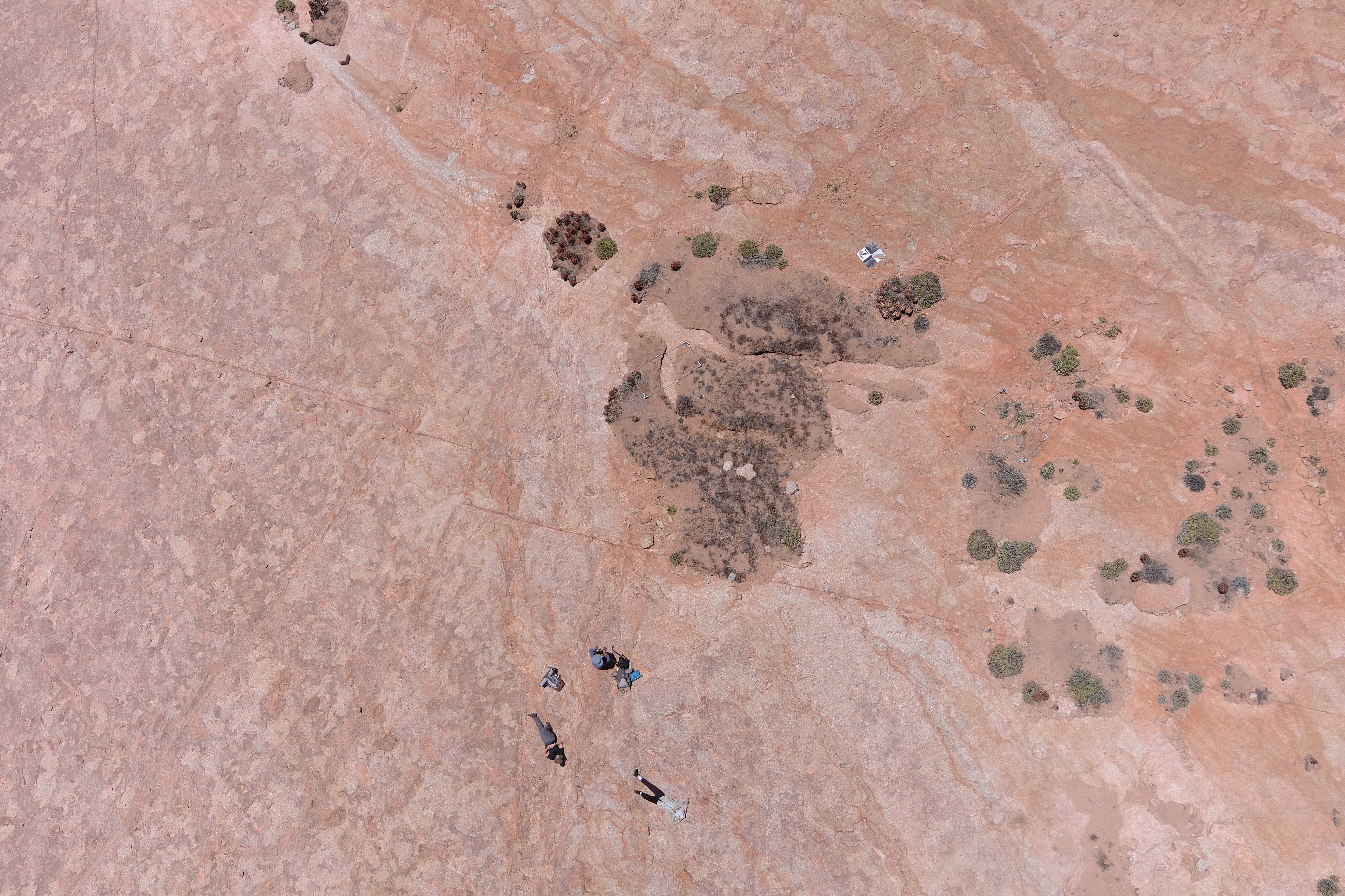 A sky shot of people working in a desert