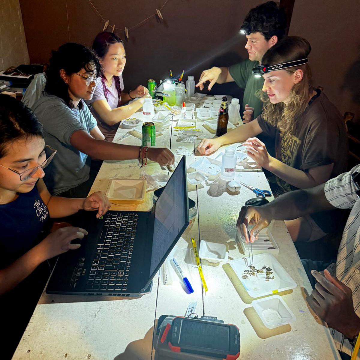 A group of people working at a white table using laptops and then wearing headlamps