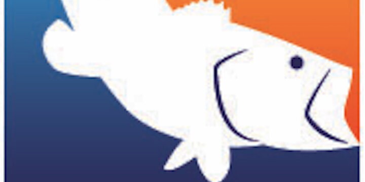 an orange and blue logo with a white illustration of a bass