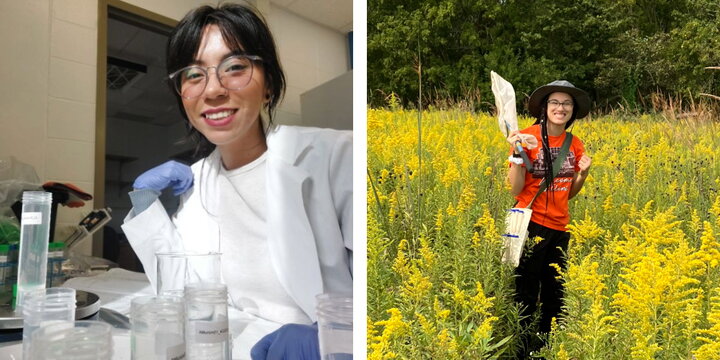 A student working in a lab and another with a net in a field