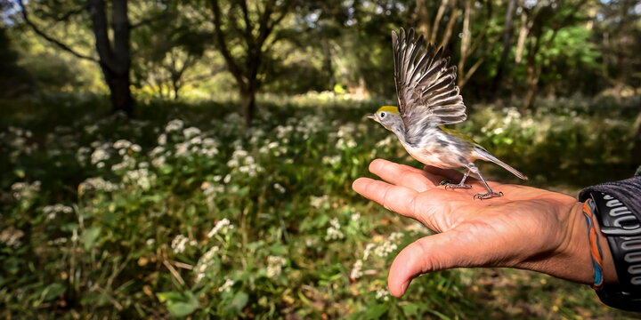 A bird taking off from a hand