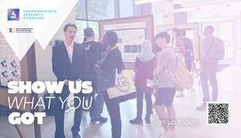 A flyer with people at a convention on it