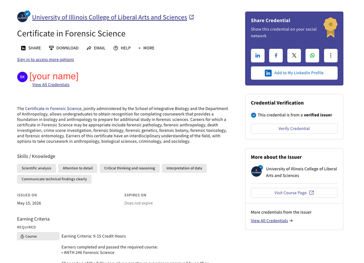 A screenshot of what the certificate looks like on the LAS website