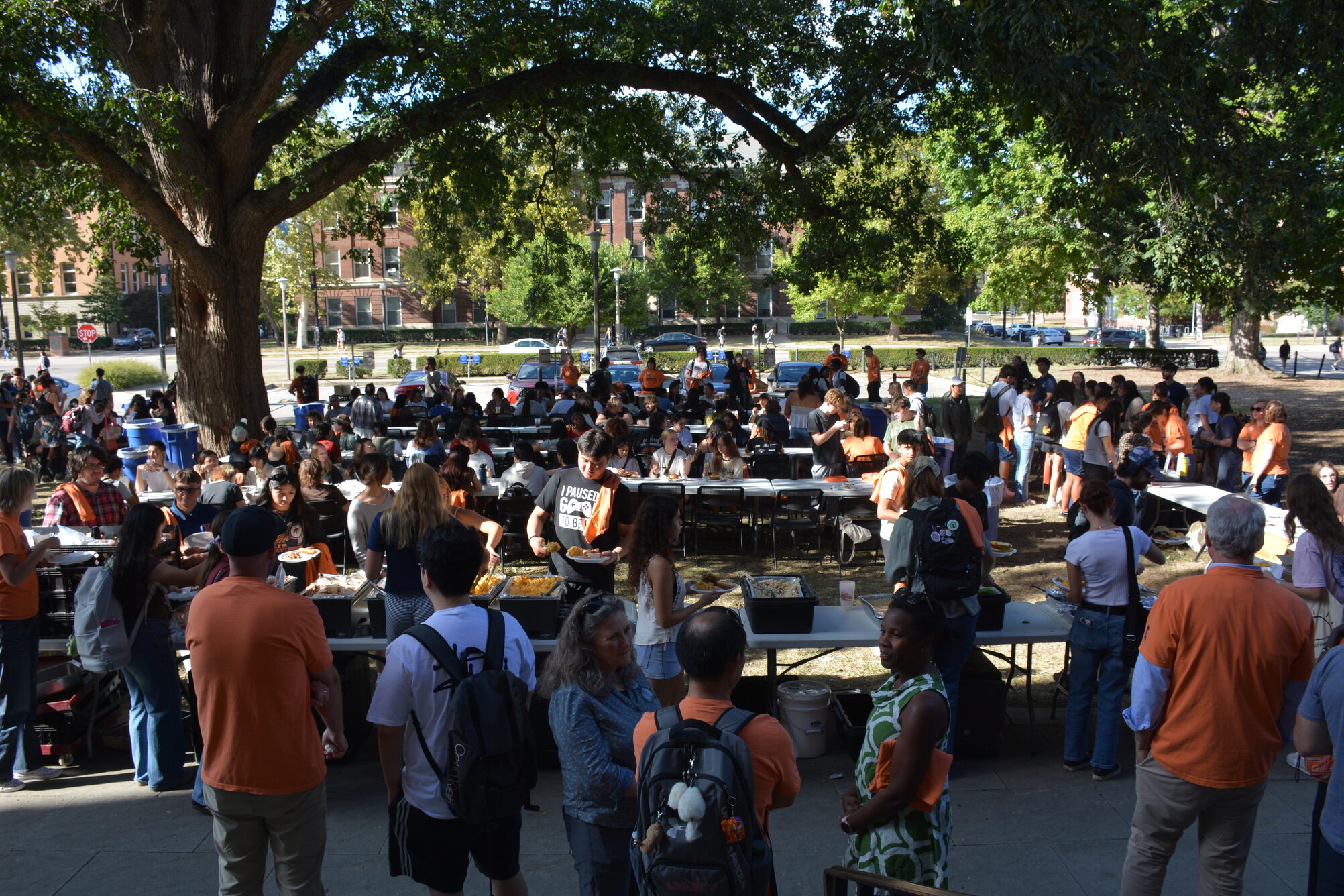 a large gathering of people outside under two large trees