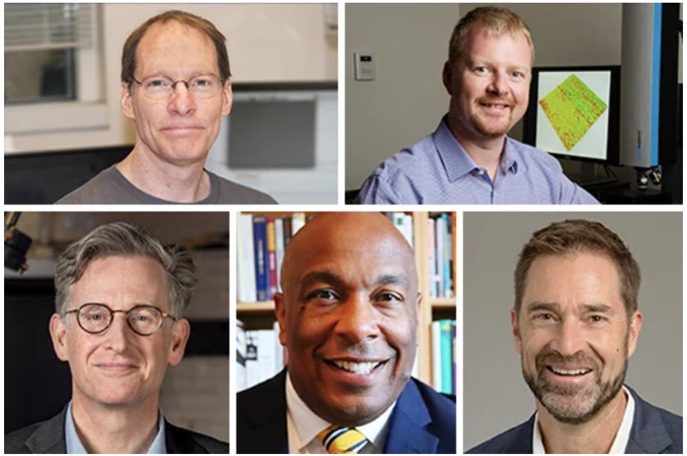 Professors who received endowed chairs and professorships (From top left, clockwise) James Imlay, Andrew Leakey, Brent Roberts, Christopher Freeburg, and Charles Gammie