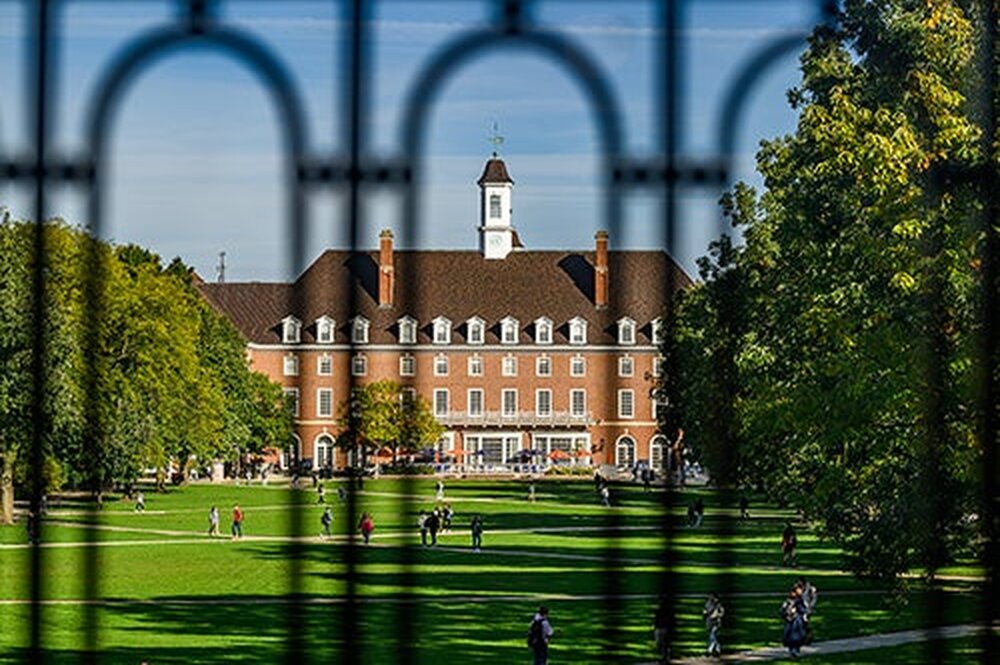 Quad and Student Union through leaded window