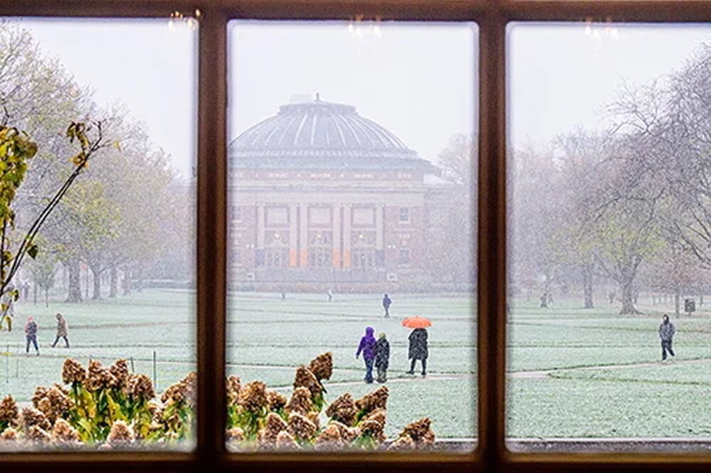 a view of a building out a window