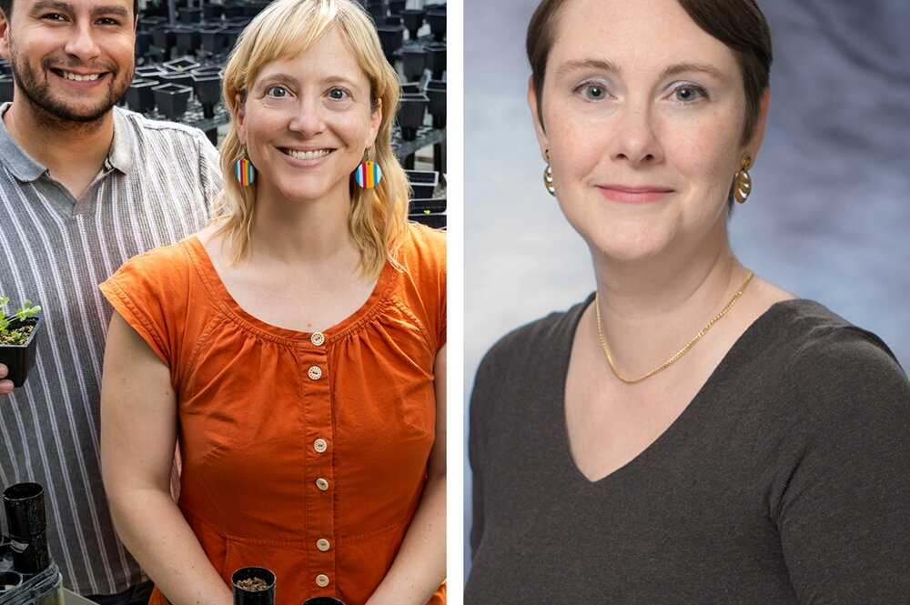 A side by side photo. On the right a man in a striped shirt standing behind a woman in a orange shirt. On the right a professional headshot of a woman.