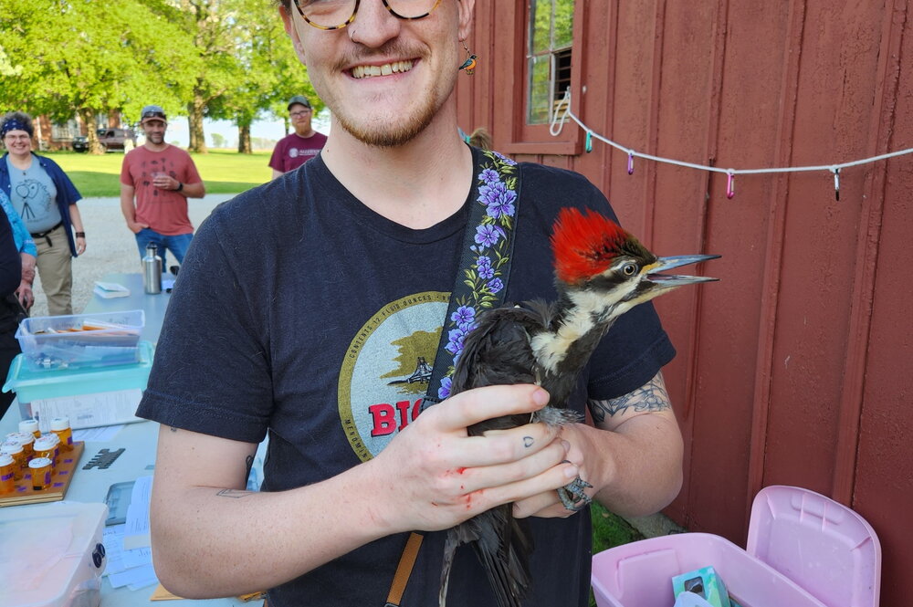 A photo of a man in a t-shirt and headband holding a bird at an outdoor event