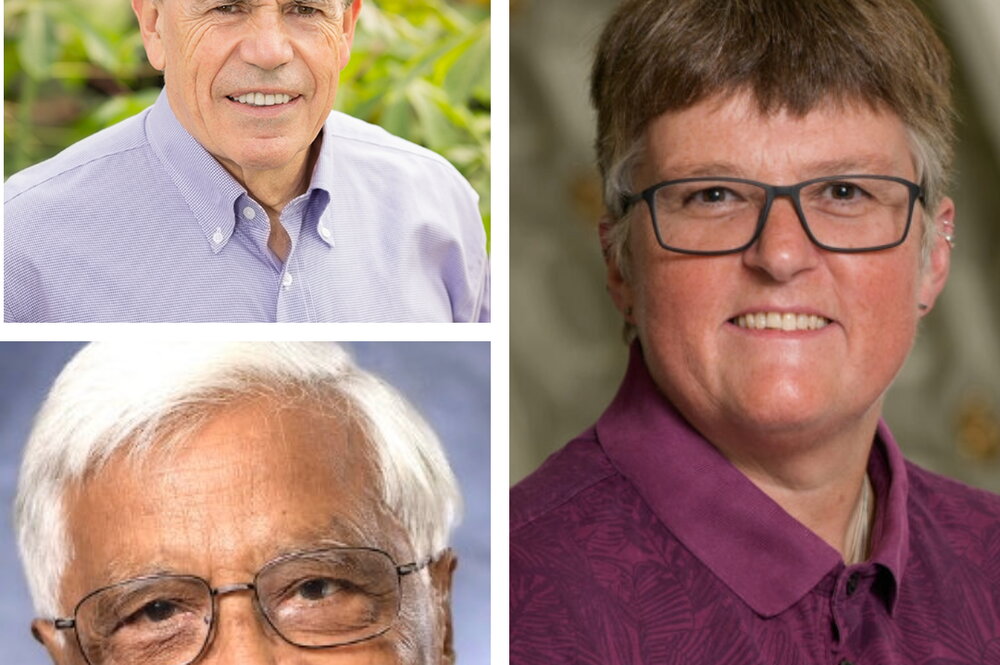 Headshots of two men and a woman
