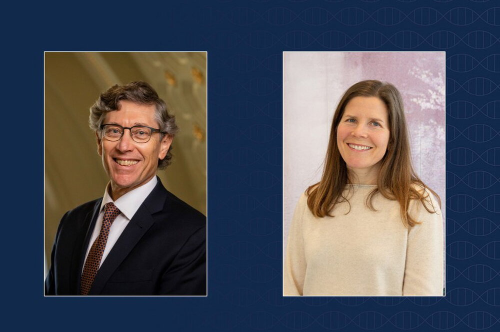 a blue background with a photo of a man in a suit on the left and a woman in a cream colored sweater on the right