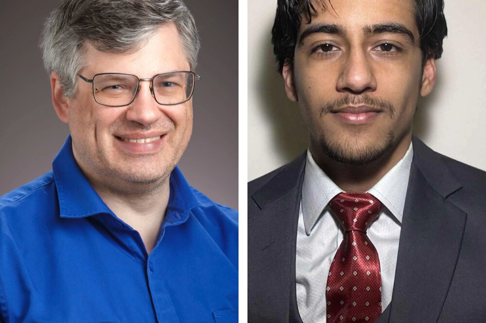 A side by side photo with an older man in a blue shirt and glasses and a younger man in a gray suit with a red tie on the right