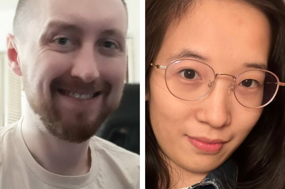 Side by side photo, man on the left, a woman in glasses on the right