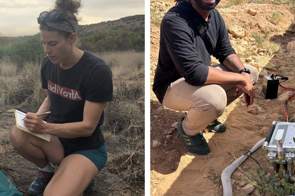 A side by side of a woman and a man crouching and working out in the field
