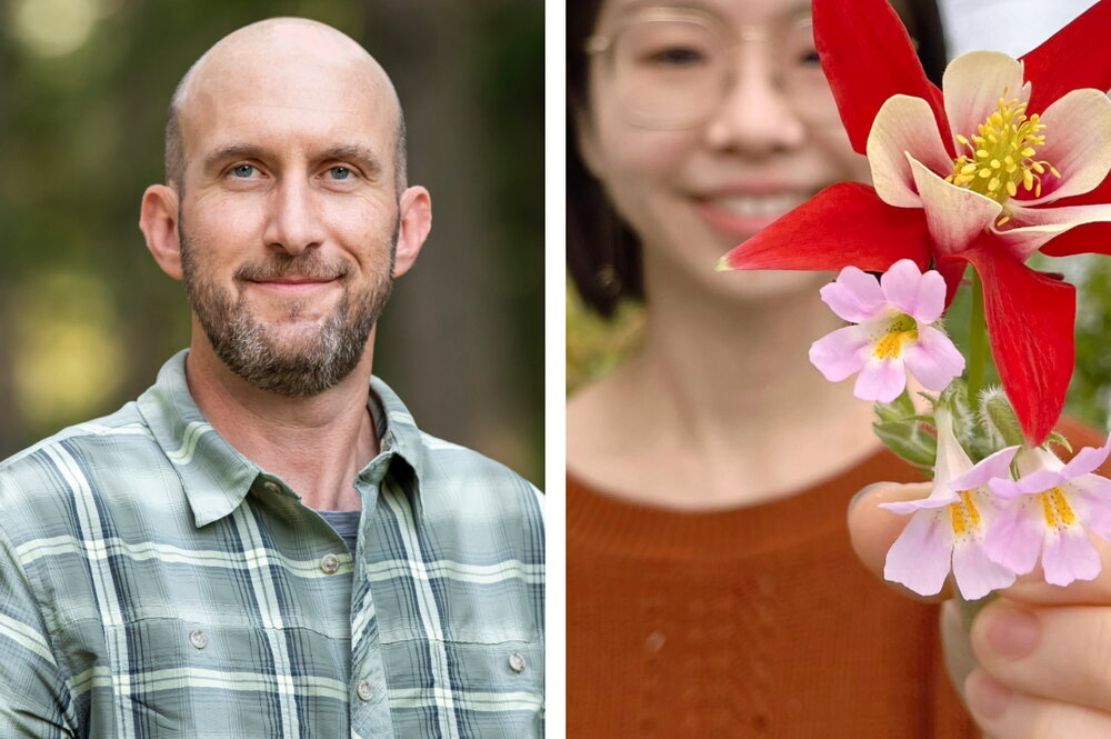 A side by side, with a man on the left in a plaid shirt and a woman on the right holding a flower