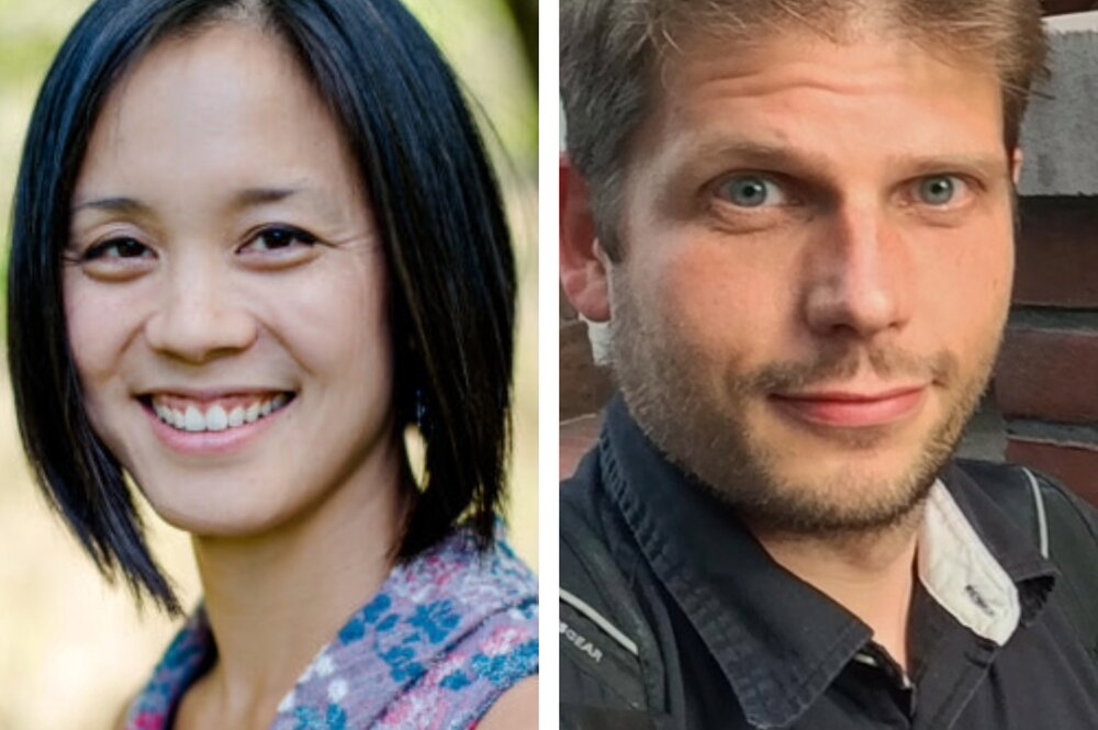 A side by side, with a woman on the left in a flowery shirt and a man on the right wearing a dark polo
