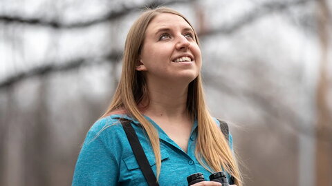 smiling woman looking up