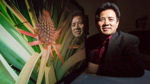 man by computer screen showing a pineapple