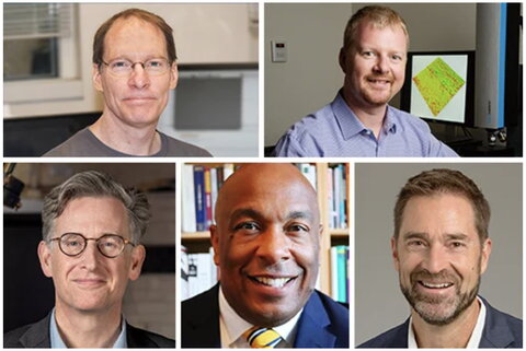 Professors who received endowed chairs and professorships (From top left, clockwise) James Imlay, Andrew Leakey, Brent Roberts, Christopher Freeburg, and Charles Gammie