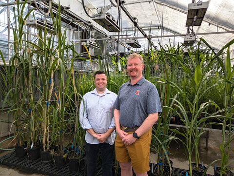 two men standing in front of plants.