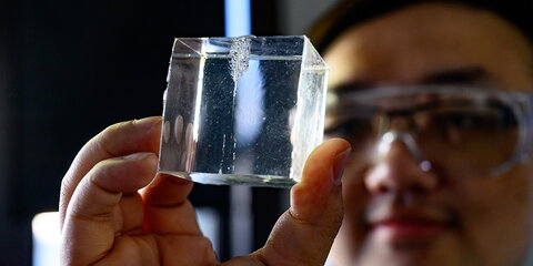 A student looking at a cube of synthetic gel