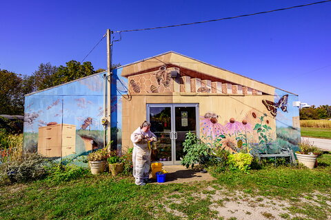 A woman standing outside of a colorful building with bees painted on it