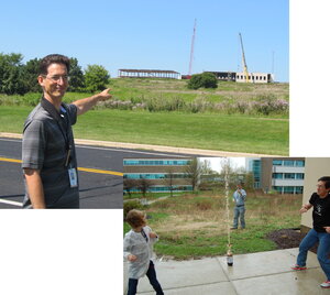 two photos, one of a man pointing in the distance and the other of a man doing an experiment with coke and mentos with a kid