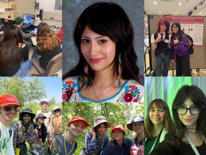 A collage of people working together