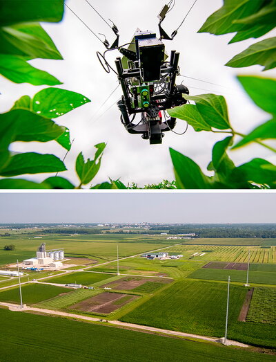An overhead dolly mounted above experimental fields, top, contains sensors, including hyperspectral imagers, light detecting and ranging (lidar), thermal photography and RGB photographic sensors. Bottom, an aerial view of the Realizing Increased Photosynthesis Efficiency Aerial Plant Phenotyping System where the dolly is held between four, 150-foot-tall poles at the University of Illinois Urbana-Champaign.