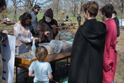Two people wearing fantasy cosplay showing insects to others in cosplay at a table out by the woods
