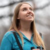 smiling woman looking up