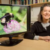 woman next to computer screen displaying a bee