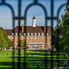 Quad and Student Union through leaded window