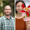 A side by side, with a man on the left in a plaid shirt and a woman on the right holding a flower