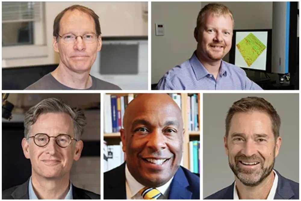 Professors who received endowed chairs and professorships (From top left, clockwise) James Imlay, Andrew Leakey, Brent Roberts, Christopher Freeburg, and Charles Gammie