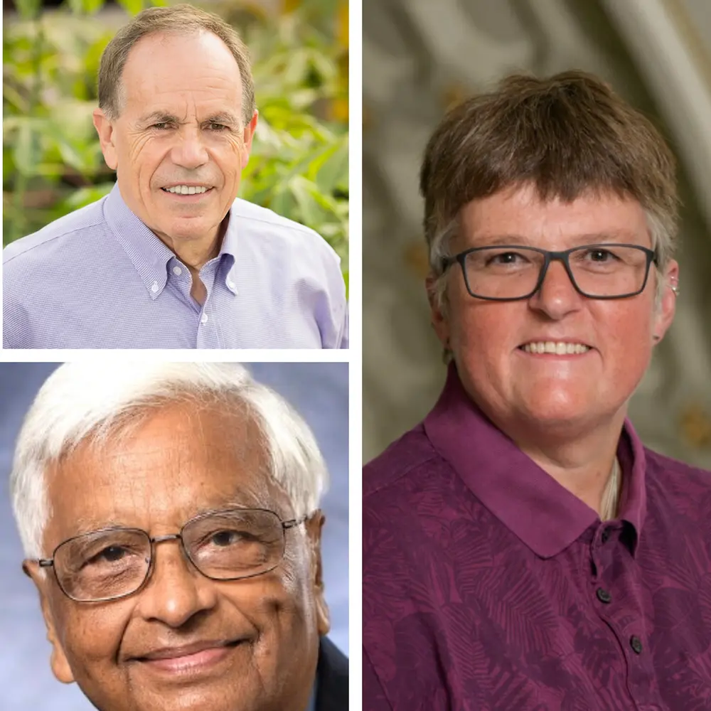 Headshots of two men and a woman
