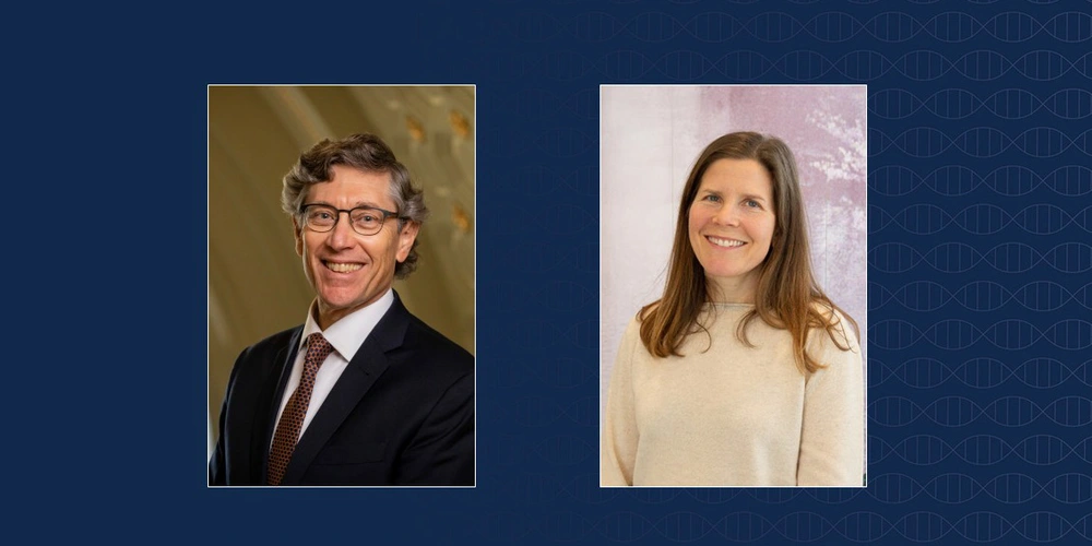 a blue background with a photo of a man in a suit on the left and a woman in a cream colored sweater on the right