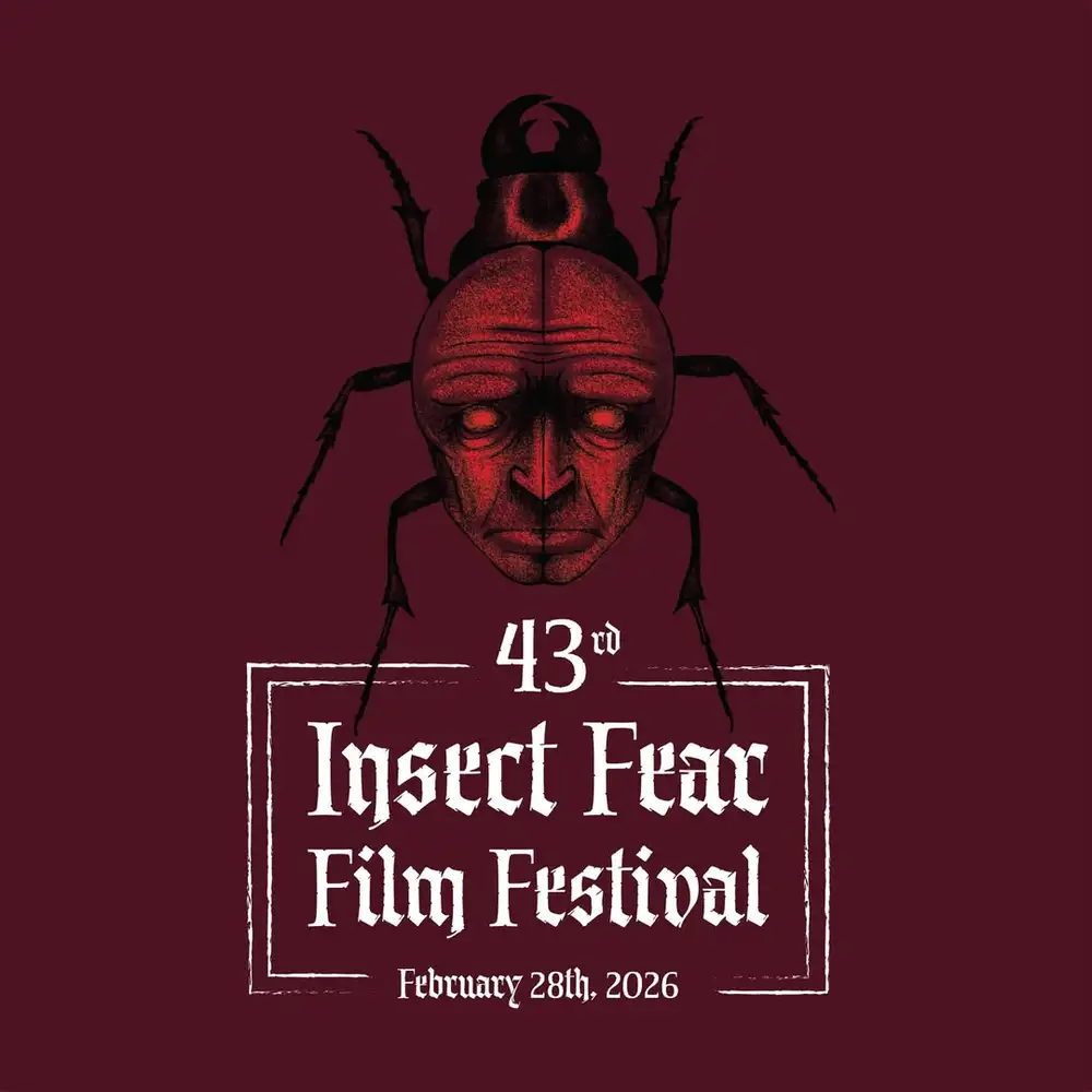 A poster with a beetle that has a human face on it, the rest of the poster gives the Insect Fear Film Festival information