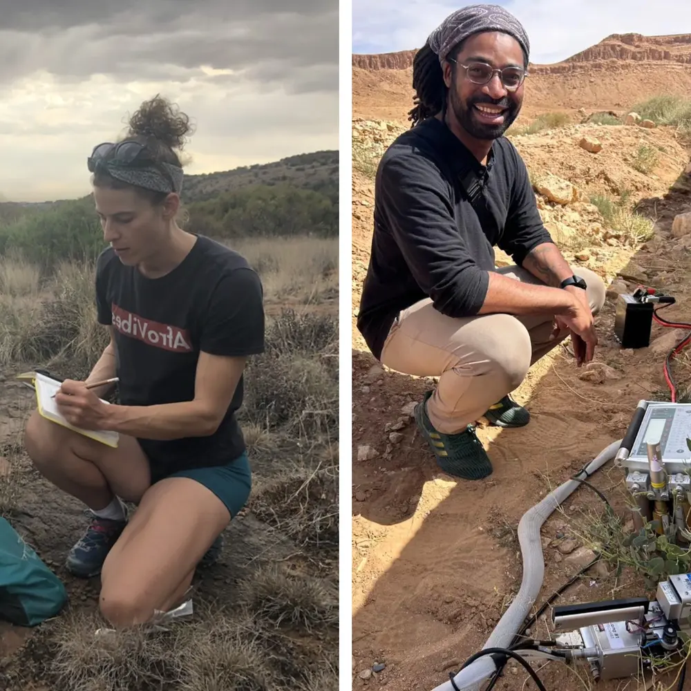 A side by side of a woman and a man crouching and working out in the field