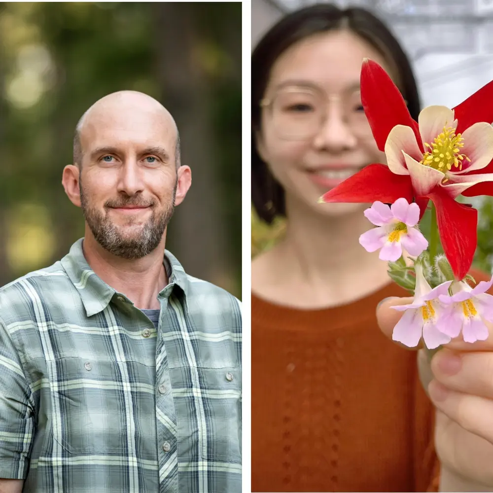 A side by side, with a man on the left in a plaid shirt and a woman on the right holding a flower