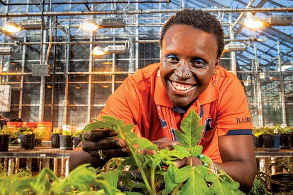 A smiling woman in an orange shirt standing behind tomato plants in a green house 