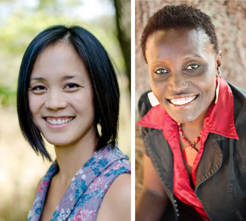Two women in side by side portraits smiling