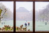 a view of a building out a window