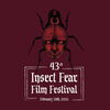 A poster with a beetle that has a human face on it, the rest of the poster gives the Insect Fear Film Festival information