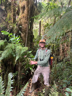 A photo of Blaine Martin standing in the woods next to some large plants